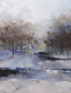 A snowy winter scene of Thompson Park painted by Joanne Glasgow