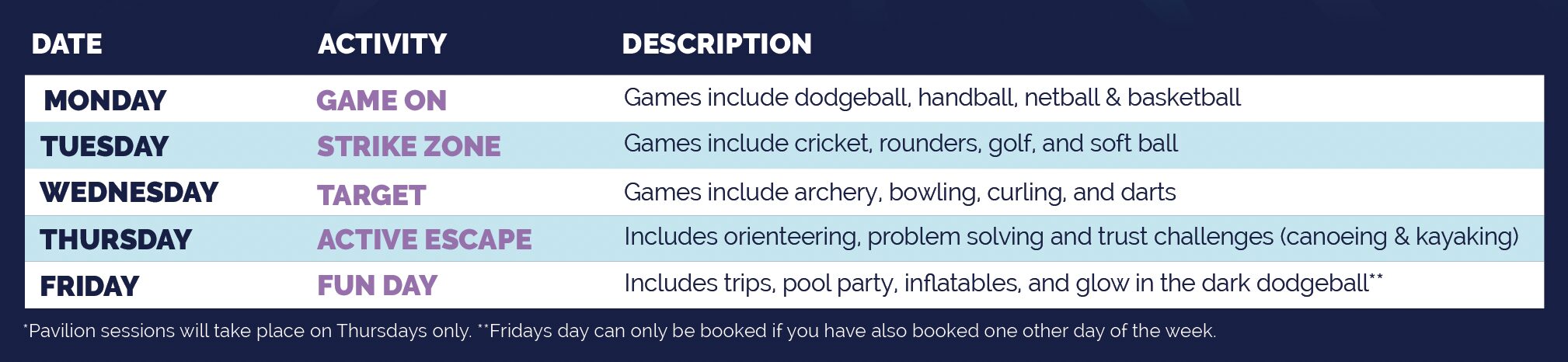 Multi activity experience days timetable