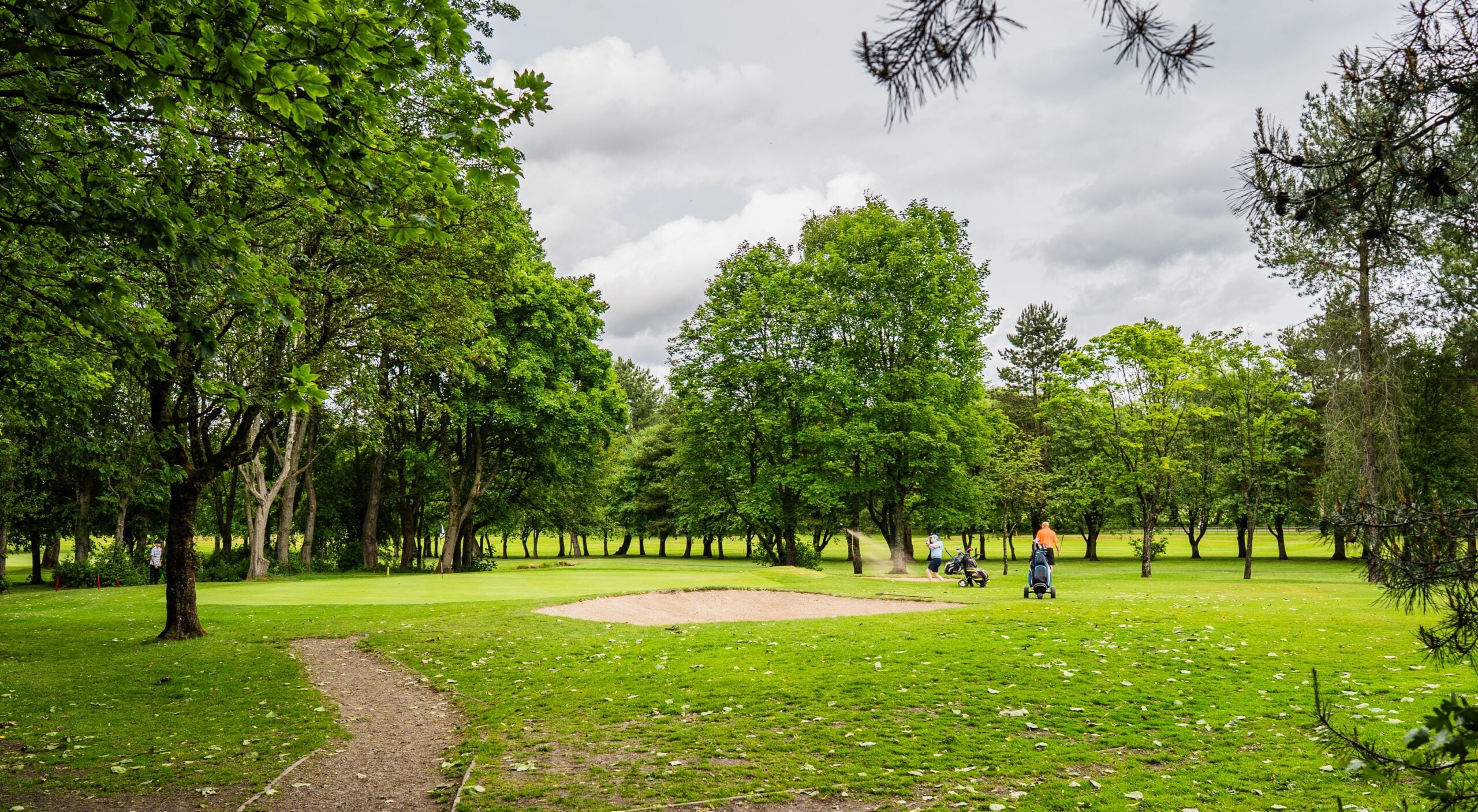 Golfers take their turn putting on a circular green at a lush, tree-lined golf course