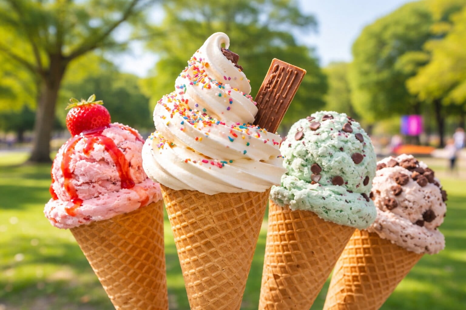 Soft-serve ice cream cones topped with sprinkles and chocolate wafers.