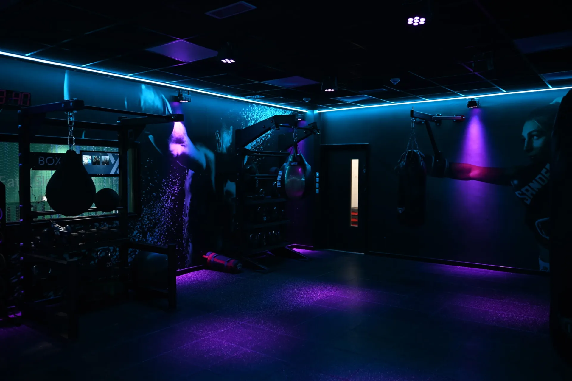Inside of a gym showing gym equipment